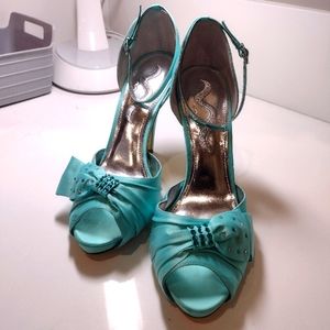 Nina Teal Blue Peep Toe Rhinestone Heels